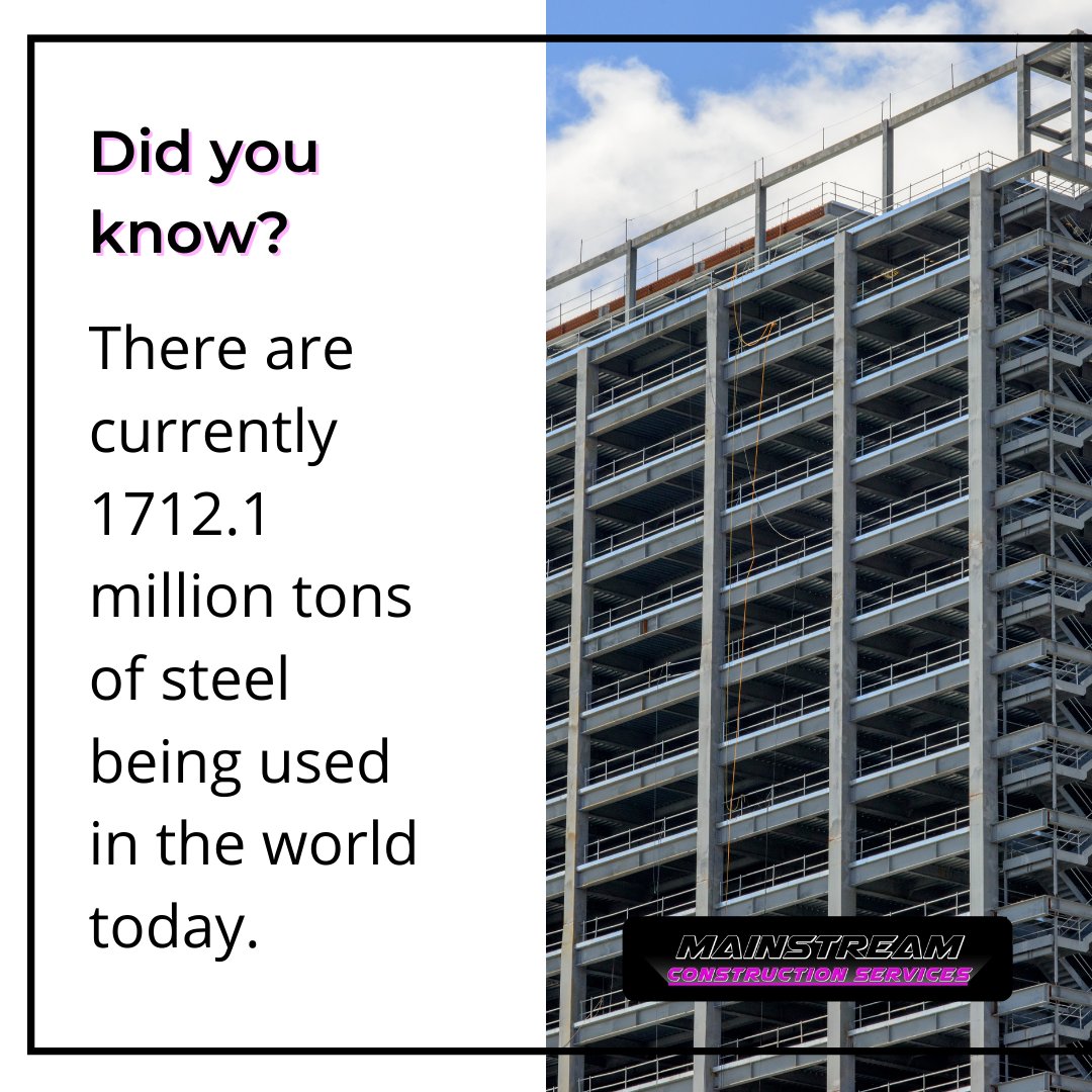 MainstreamCS's tweet photo. In 2018 itself, 1712.1 million tons of steel is used, with 2.6 million tons used for railways and tracks and 18.8 million used solely for concrete reinforcing bars.
#facts #concrete #steel #projects #hasslefree #mainstreamconstruction #colorado #denver #texas #forthcollins https://t.co/q5fGxLfXWJ