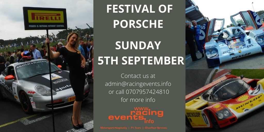 RacingEvents's tweet image. Festival of Porsche 5 Sept 
This special day celebrates Porsche Club GB’s 60th anniversary - one of motoring’s most iconic brands, with on track racing special displays demos &amp;amp; more.
Call 07957-424810 / Admin@RacingEvents.info #motorsport #festival #dayout #hospitality #Porsche