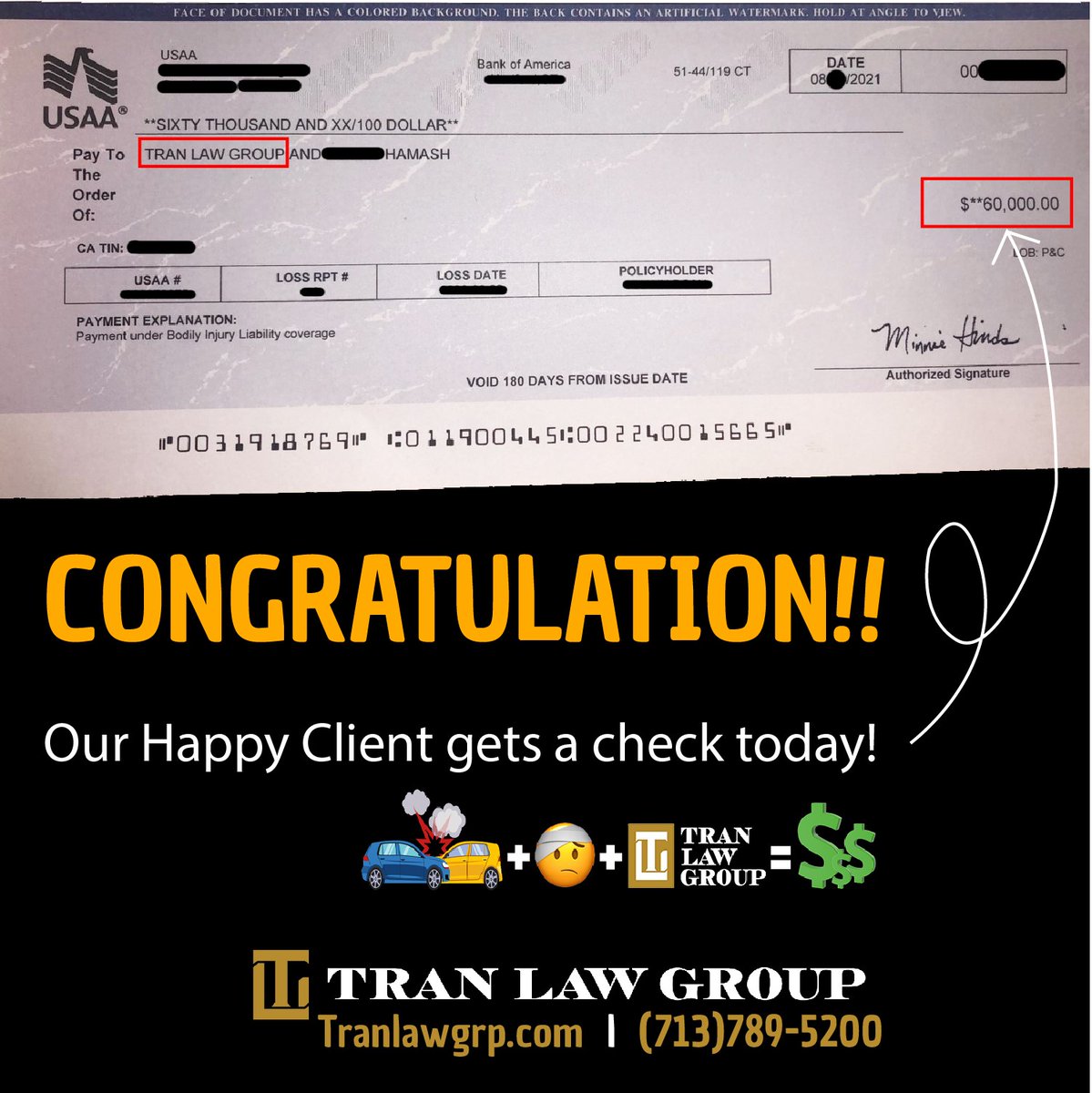 tranlawgrp's tweet image. 📢Total Settlement Alert #clientcheck #totalsettlement
TLG team always do our best for our clients! If you need any legal help, please contact us today at (713) 789-5200.
#tranlawgroup #tlg #houstonpersonalinjury #houstonpersonalinjurylawyer #houstonpersonalinjuryattorney