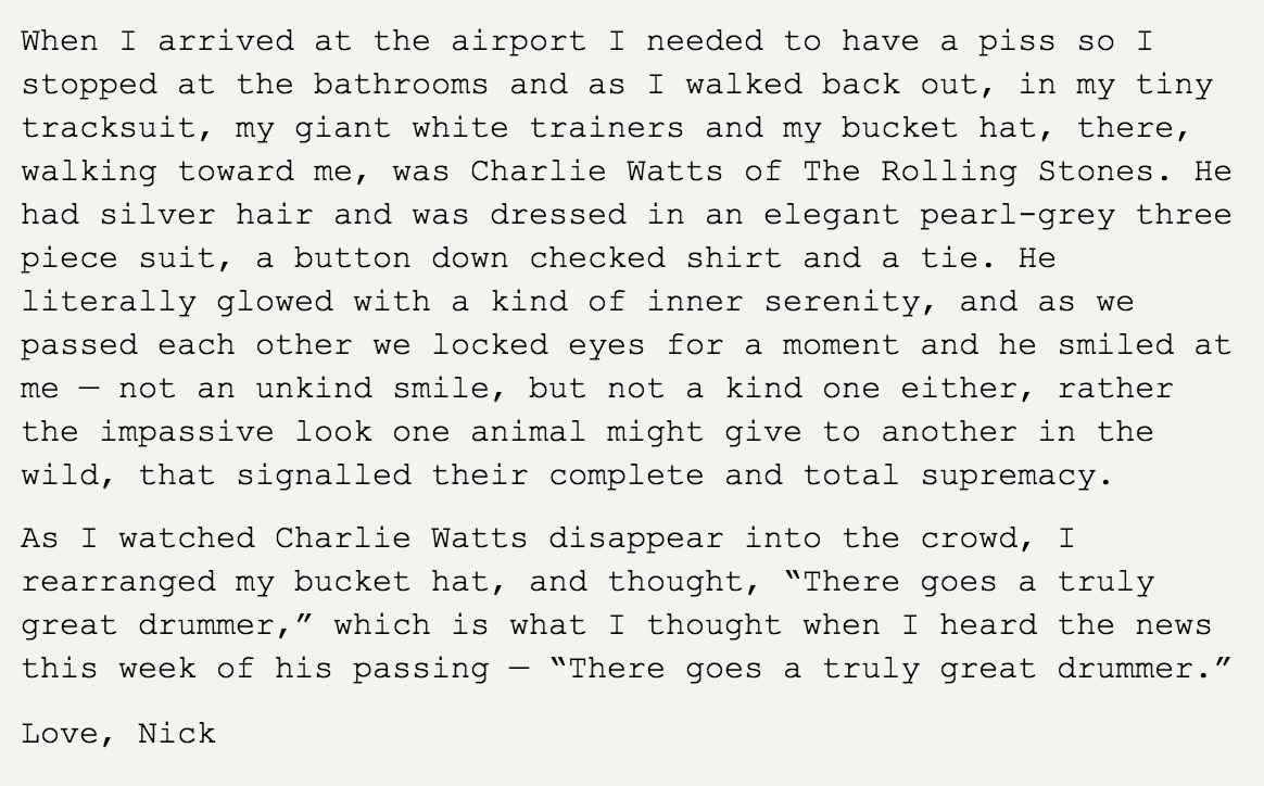 No surprise Nick Cave would come through with the best Charlie Watts story