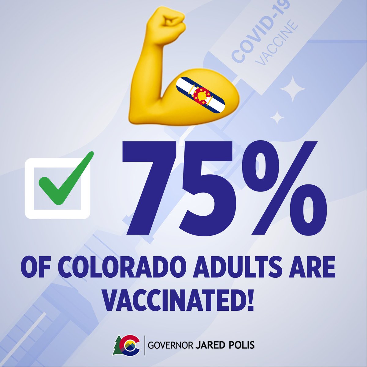 An image that says 75% of Colorado adults are vaccinated