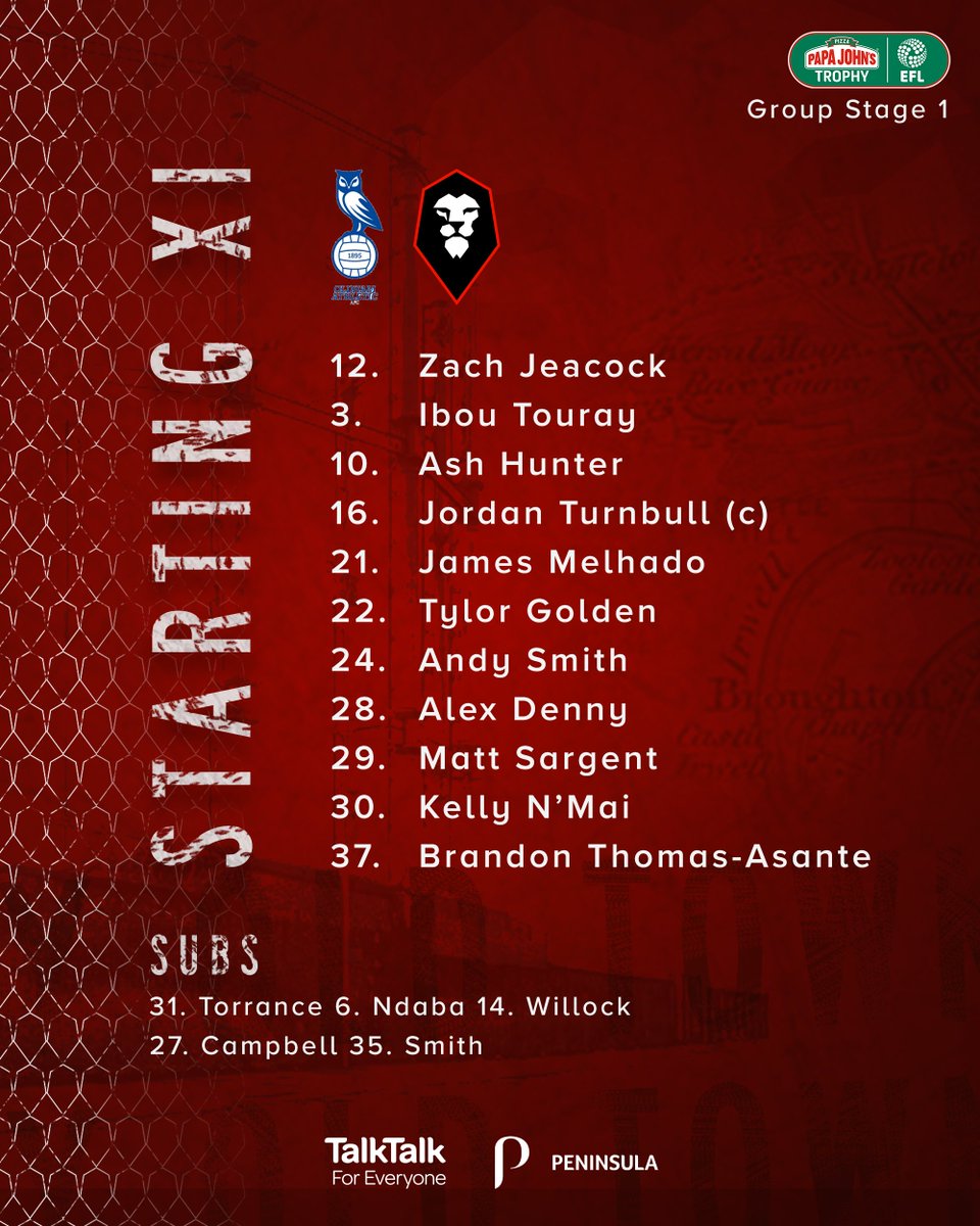 STARTING XI 📋

Here is how The Ammies line-up this evening!

♦️ 3 debutants
♦️ Jordan Turnbull and Ash Hunter return

#WeAreSalford 🦁🔴