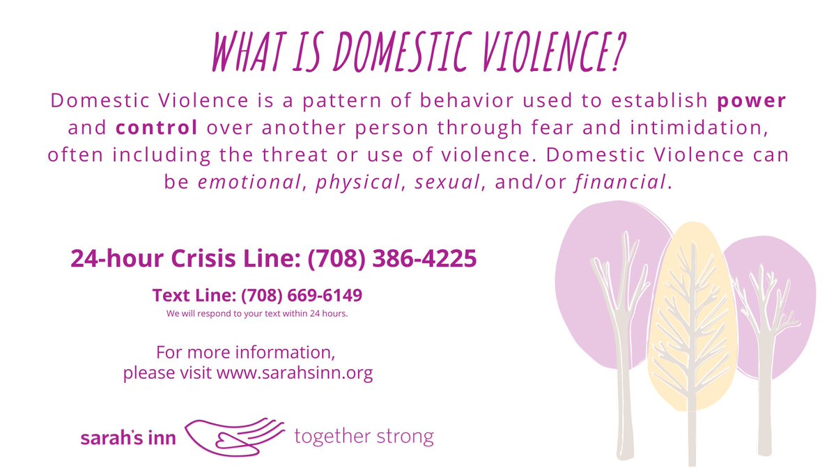 sarahs_inn's tweet photo. Have questions about domestic violence? Visit https://t.co/81Na8ayfqk to learn more. 

If you think you may be experiencing domestic violence, please call  our crisis line at 708-386-4225

#sarahs_inn #togetherstrong #domesticviolence #intimatepartnerviolence #domesticabuse https://t.co/TVL3sa4T2s