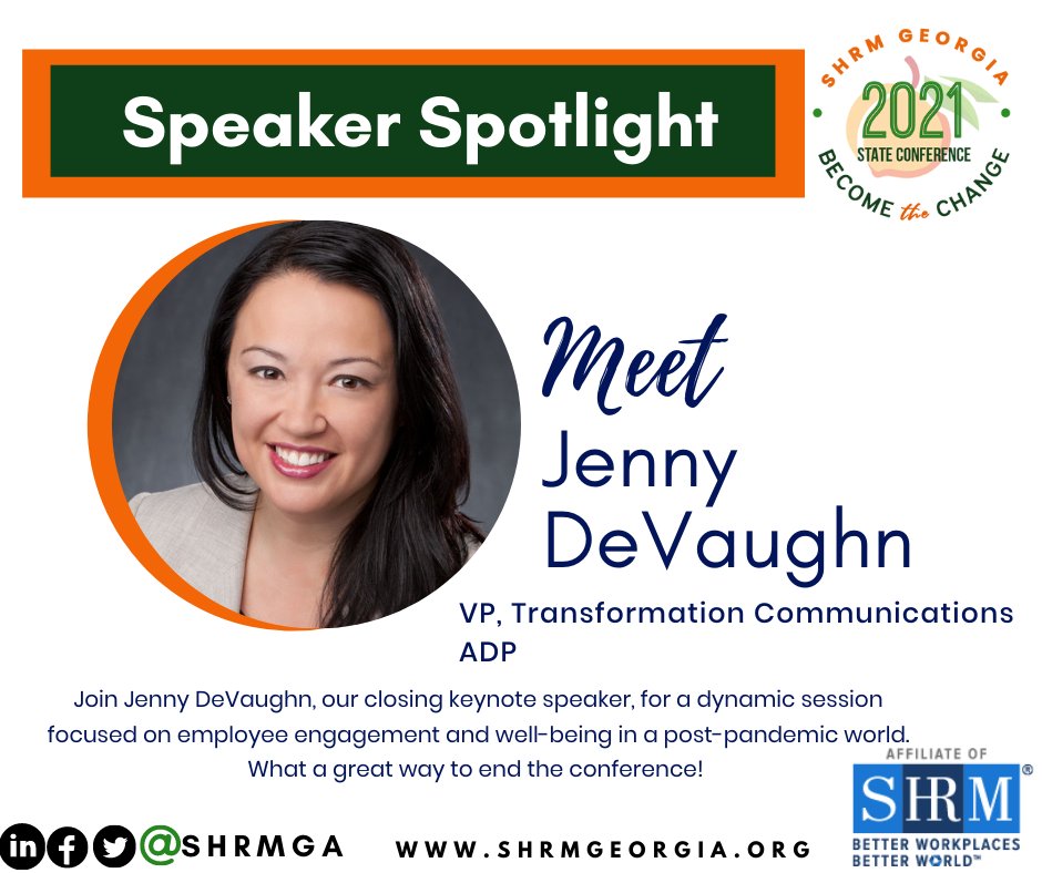 SHRMGA's tweet photo. Meet Jenny DeVaughn, our fourth "Become the Change" conference keynote speaker! Haven't registered yet? Visit our website https://t.co/FZbJQqTul3 to get your ticket to join us September 22 - 24! #shrmga #shrm #becomethechange #humanresources #professionaldevelopment https://t.co/55T04W30Ow