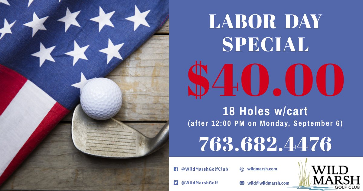 WildMarshGolf's tweet photo. A week out, the weather is looking great for Labor Day.  

Call the Pro Shop now (763.682.4476) for your reservation to take advantage of our Labor Day Special. https://t.co/AGY7BbOXkd