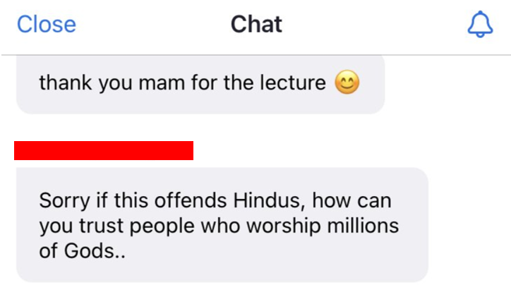 hinduoncampus's tweet photo. BREAKING: What goes on in Truschke's lectures? What comments are made in the Zoom chat? 

"Hindus should be banned from entering US"
"How can you trust people who worship millions of Gods"

Xenophobia and bigotry against Hindu Americans is actively encouraged. #Hinduphobia https://t.co/fS2H18WqsZ
