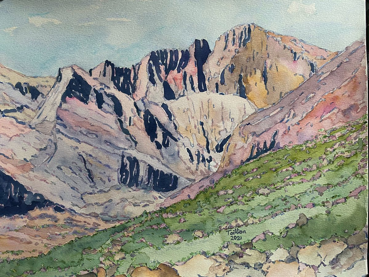 Longs Peak 11”x15” this is the view from an August 15th hike to Chasm Lake. Hike-paint-repeat. And enjoy the process. 
#14er #colorado14ers  #watercolorpainting #ArtistOnTwitter #longspeak #rockymountainnationalpark