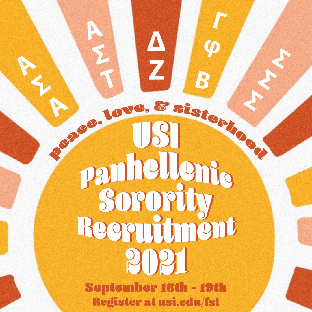 ☮︎ Find your peace, love, &amp; sisterhood with the Panhellenic chapters! Register for recruitment using the link in our bio or visiting USI.EDU/FSL. ☮︎
Learn more about sorority life at #USI tomorrow at the Involvement Fair from 2-5 on the Quad!