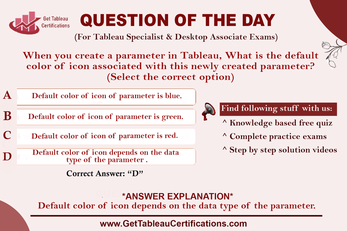 GetTableauExam's tweet photo. When you create a parameter in Tableau, What is the default color of icon associated with this newly created parameter? (Select the correct option)

🔗 Learn More 👉 https://t.co/34Ffl9NSIV

#tableau #tableaucertification #tableaucertificationdumps https://t.co/xQ2QX6k01o