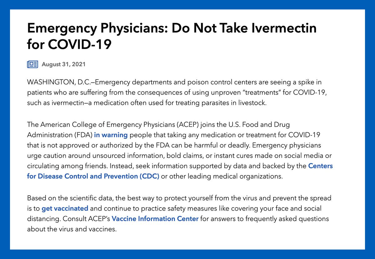 Do not take Ivermectin for #COVID19. ERs are seeing a spike in patients who are suffering from consequences of unproven "treatments" like Ivermectin.

The best way to protect yourself and prevent spread of the virus is to get vaccinated.

Our statement: emergencyphysicians.org/press-releases…