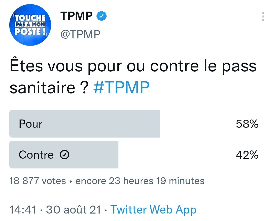 Babar_le_Rhino's tweet photo. @TPMP Bizarre le comportement de ce sondage ... 🧐
Il était à 42% contre quand j'ai voté.
À 55% contre, 1h40 après.
À 59% contre, 2h30 après.

Il semble qu'une armée de bots aient été utilisés pour inverser la tendance dans la nuit pour revenir à 46% contre ... 🤔

Bots LREM ? https://t.co/4YFJxcSn9p