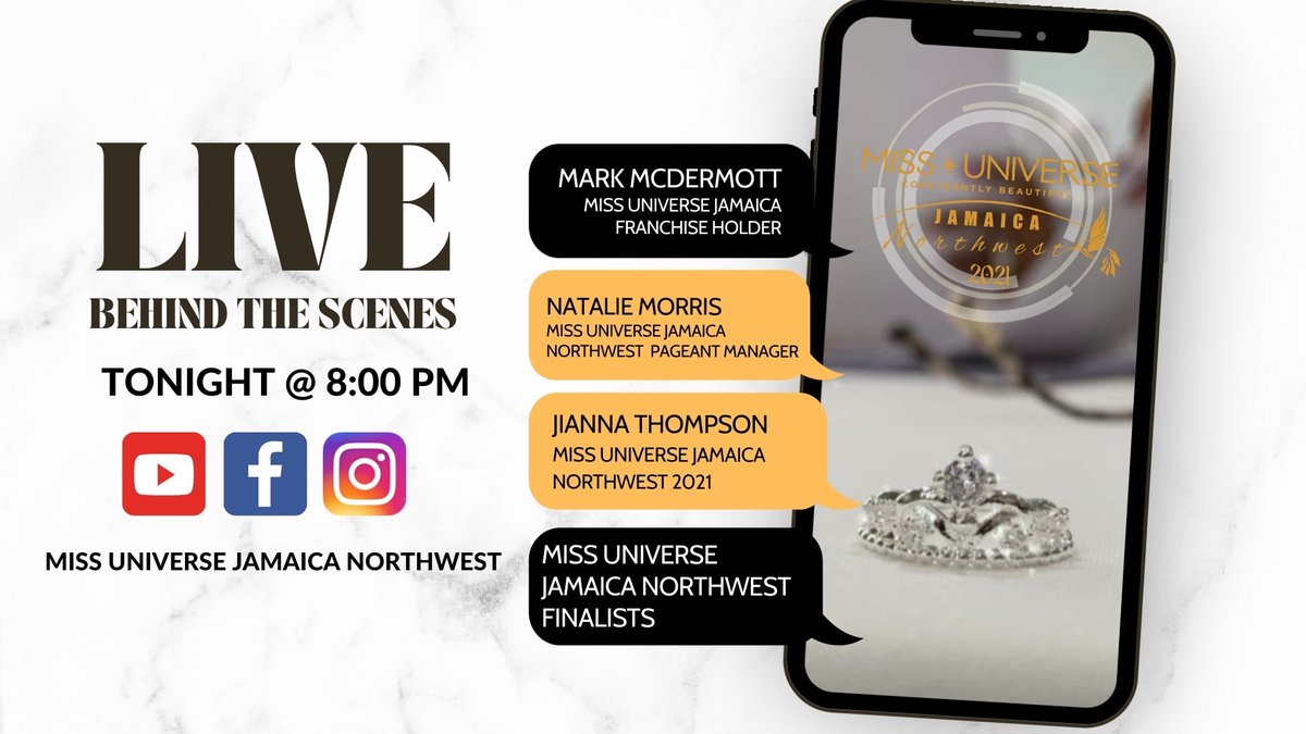 MissNorthwest's tweet photo. Join Mark McDermott (Miss Universe Jamaica Franchise Holder), Natalie Morris (Miss Universe Jamaica Northwest Pageant Manager), Jianna Thompson (Miss Universe Jamaica Northwest 2021) &amp; the finalists in Miss Universe Jamaica Northwest 2021; as they reminisce on the 2021 season! https://t.co/OLii2CdUOr