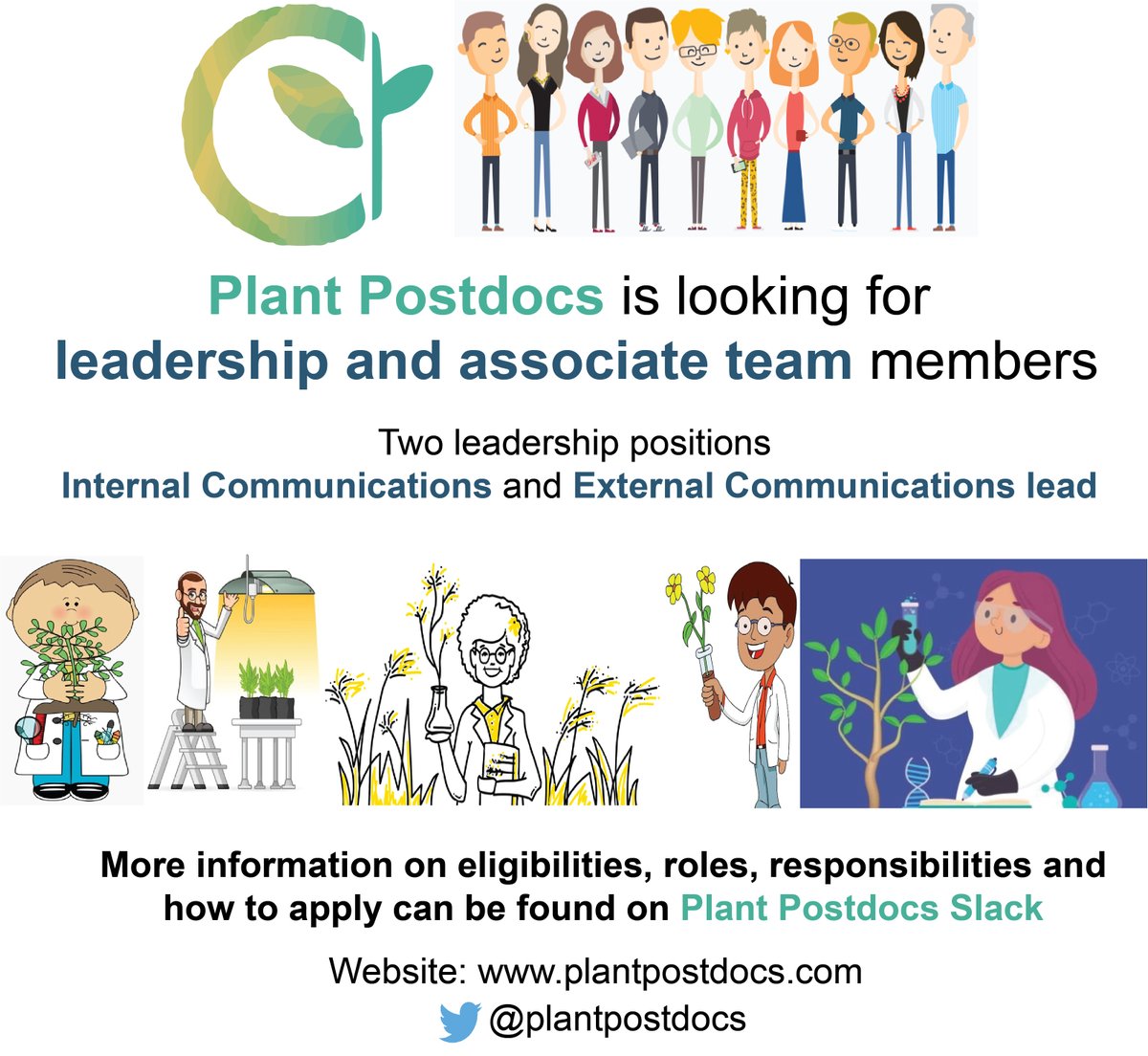 plantpostdocs's tweet image. Plant Postdocs is looking for new leadership team members for multiple positions! Openings for Internal and External communications leads and Associate team members
To access the application link, join our slack here: forms.gle/u8UGwtyZpAqii7… 
Deadline: September 10, 2021.
