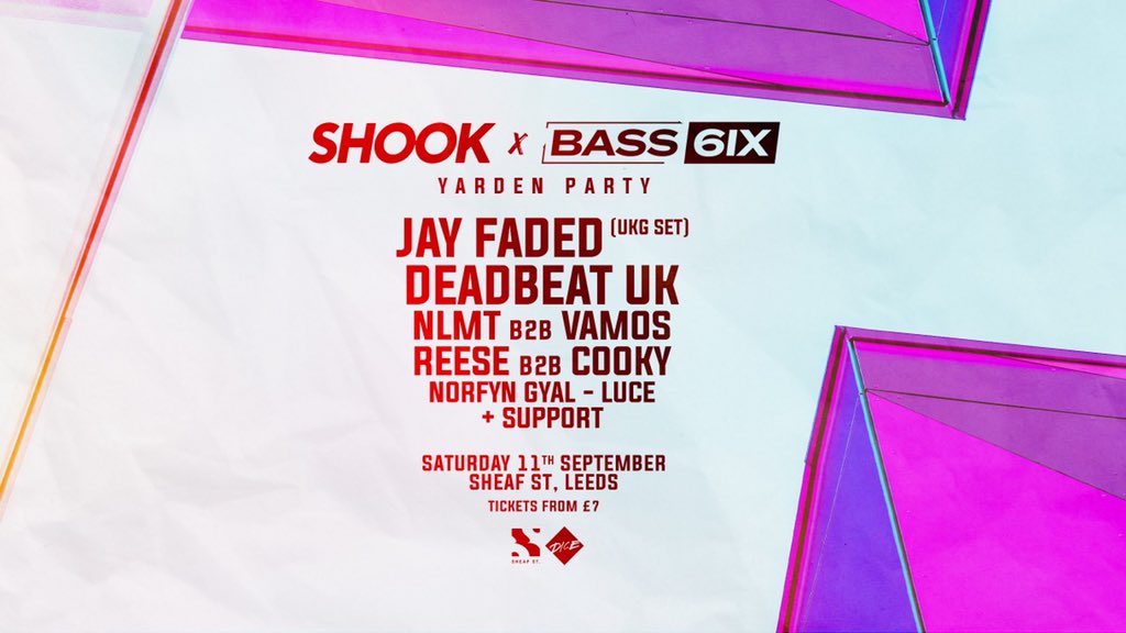 JUST OVER 1 WEEK AWAY 💥

Terrace party day sesh in Leeds.

<a href="/ShookEvents/">Shook LTD</a> <a href="/JayFadedUK/">Jay Faded</a> <a href="/DDBTUK/">Deadbeat UK</a> <a href="/NLMTmusic/">NLMT</a> <a href="/VamosUK_/">Vamos</a> <a href="/reesemusicuk/">REESE</a> <a href="/Cooky_JC/">Cooky</a> <a href="/IbbyFromBfd/">Ibby</a> 

Tickets: link.dice.fm/E5gH8VuC3ib