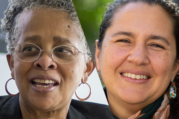 Carol Lee, smiling with glasses and hoop earring on the left. Megan Bang, long brown hair pulled back, smiling on right. 