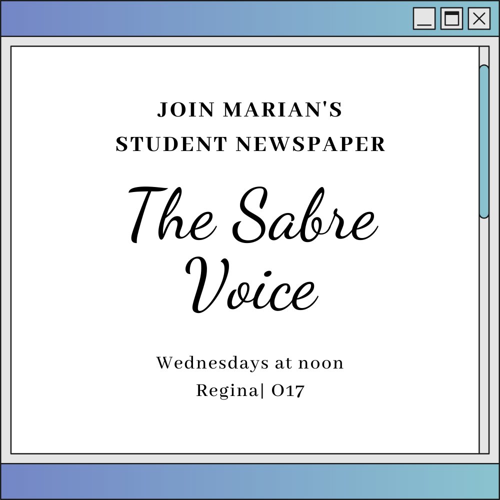 SabreVoice's tweet photo. Join The Sabre Voice - Marian's student-led newspaper! We hope to see you there Wednesdays at noon! Plus, you can join as a class (Com 102) or as a club! @marian_wi
 @MUSabres
 @MarianWI_Honors
 #MarianSabres https://t.co/TLXewODSDk
