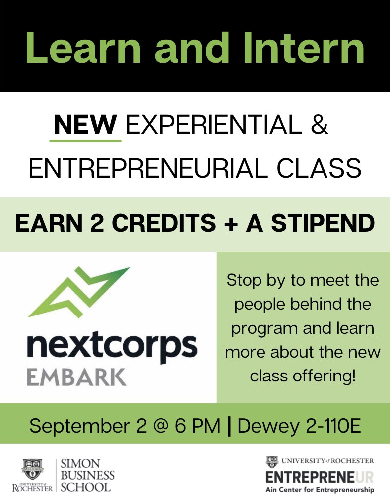 Join us on Thursday, September 2 at 6 PM in Dewey 2-110E to learn more about a new experiential class, launching this fall! The class will work with participants in the NextCorps Embark program, an accelerator that helps non-technical founders go from business idea to revenue.