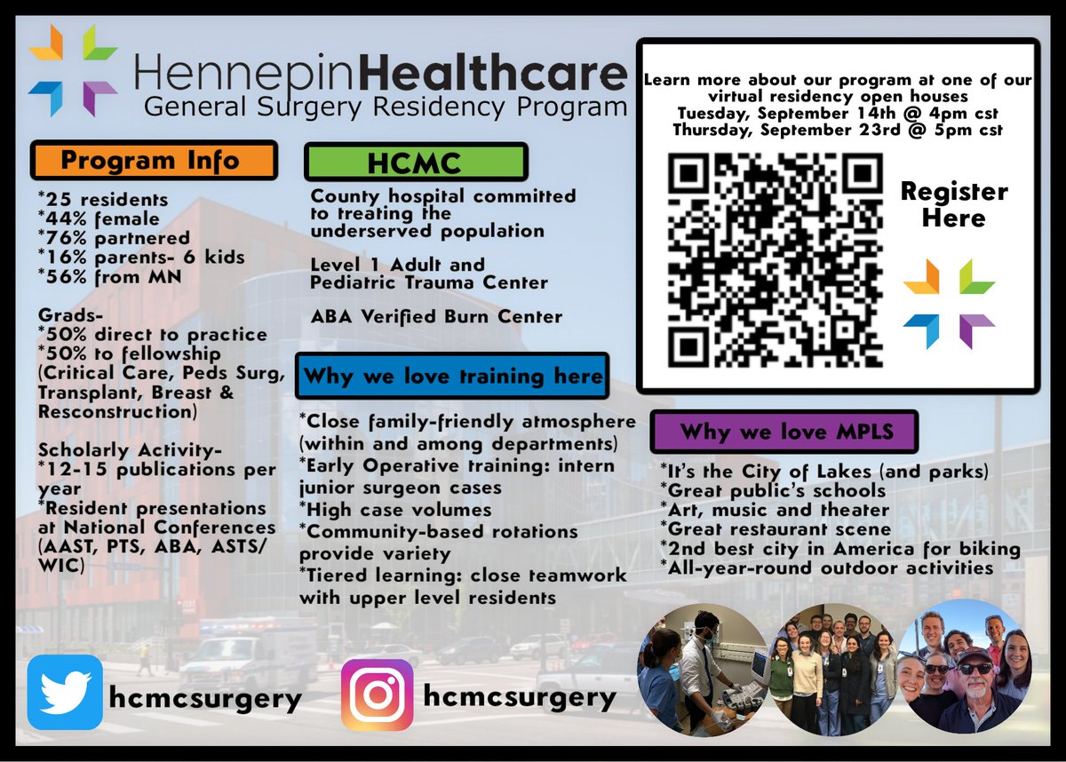 Join us for our Residency Open House on Tuesday, September 14th @ 4pm cst or Thursday, September 23rd @ 5pm cst. Program staff and current residents will be available to answer questions, give you some insight into our program, share their experiences at HCMC, and more.