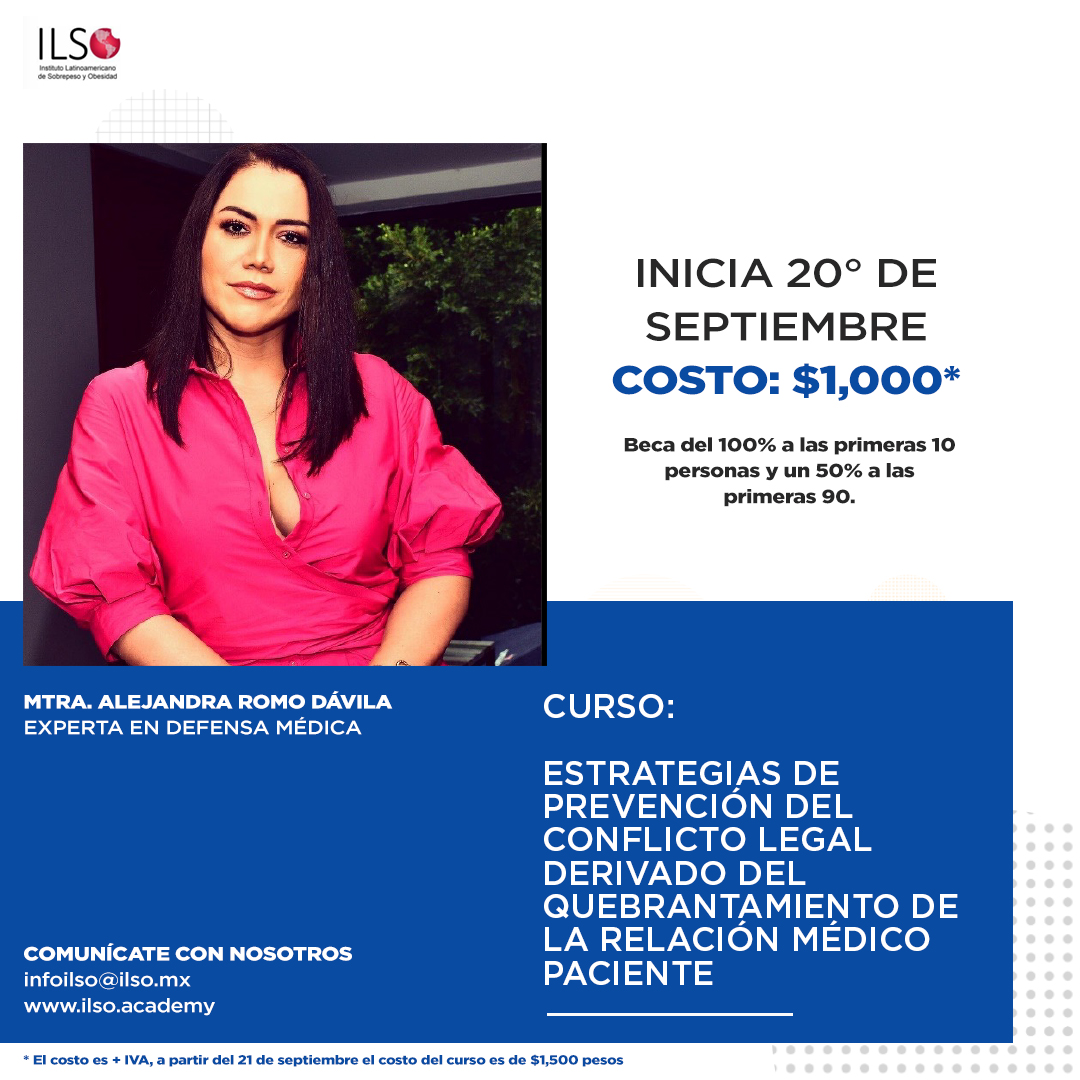 ILSOsalud's tweet photo. Beca del 100% a las primeras 10 personas y 50% a las primeras 90, 100 becas en total.

La Maestra Alejandra Romo Dávila, experta en defensa médica, impartirá el curso, "Estrategias de prevención del conflicto legal derivado del quebrantamiento de la relación médico paciente." https://t.co/BGLvGUUJu9