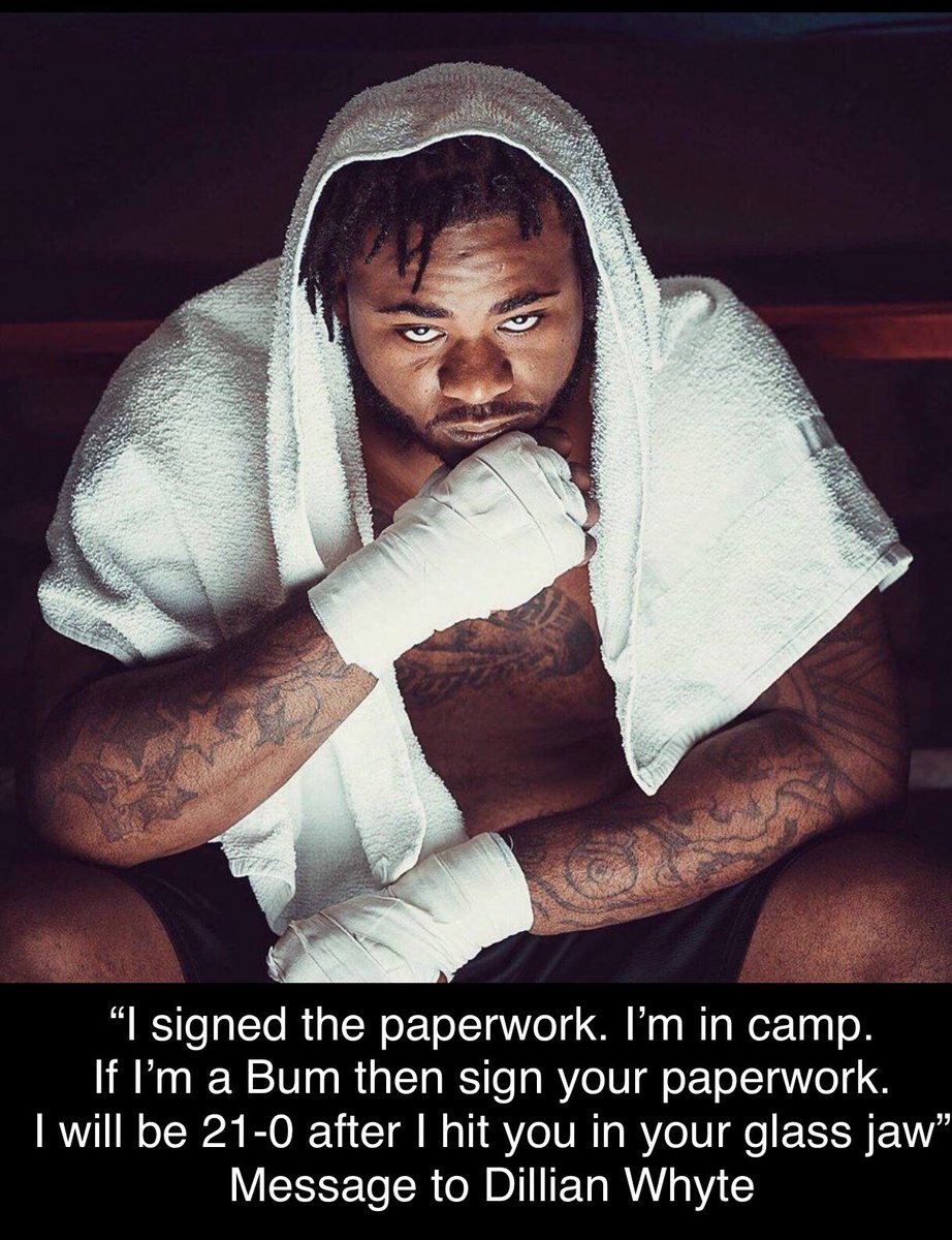 The ink is dry. I signed my agreement. Where are you Betty Whyte?  It’s time to make this happen. If I’m a bum then sign your paperwork if you can spell your name. @Dsalita @Boxing_Squared @DanRafael1 @boxingnews24 @boxnationtv @DillianWhyte @989Assassin @SkySportsBoxing