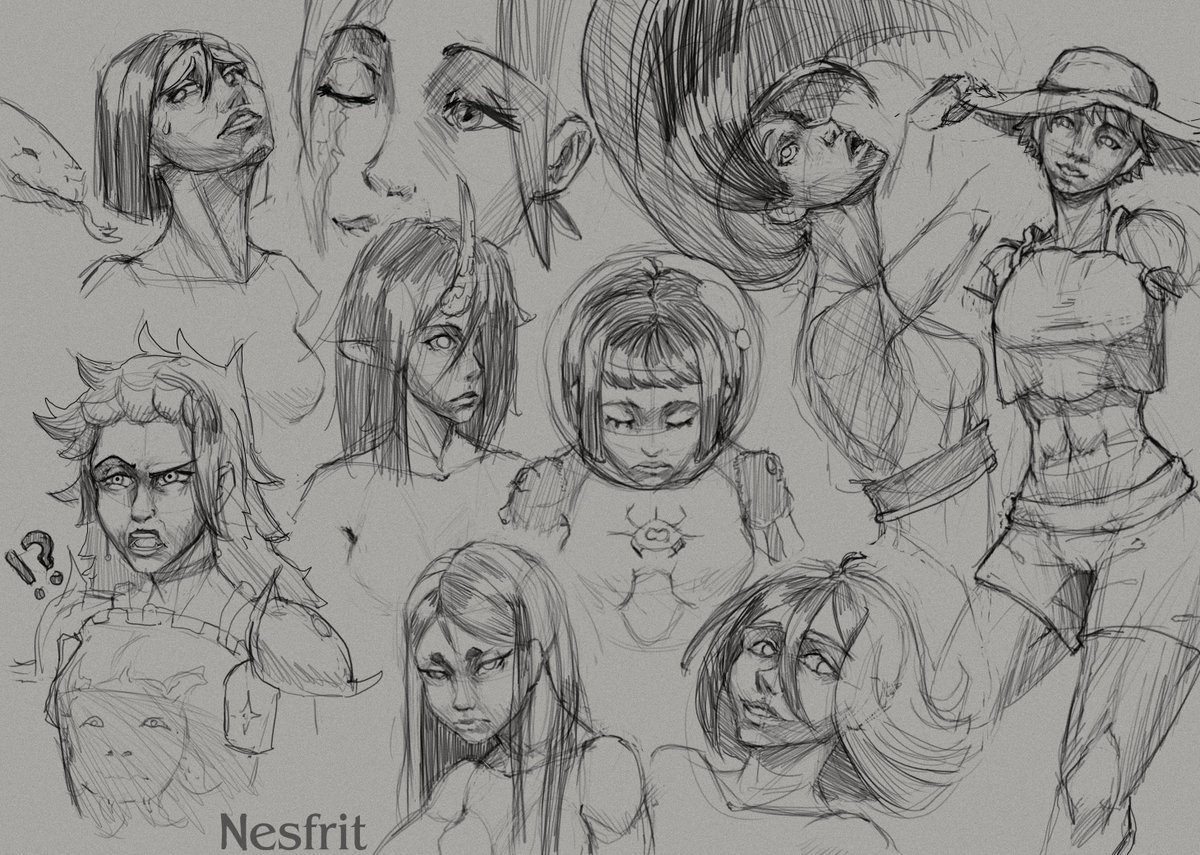 ElNesfrit's tweet photo. Drawing women has been hard lately, so i made a few practice sketches.
Expressions are hard lmao. 
#sketch #art https://t.co/2rYAksG3ar
