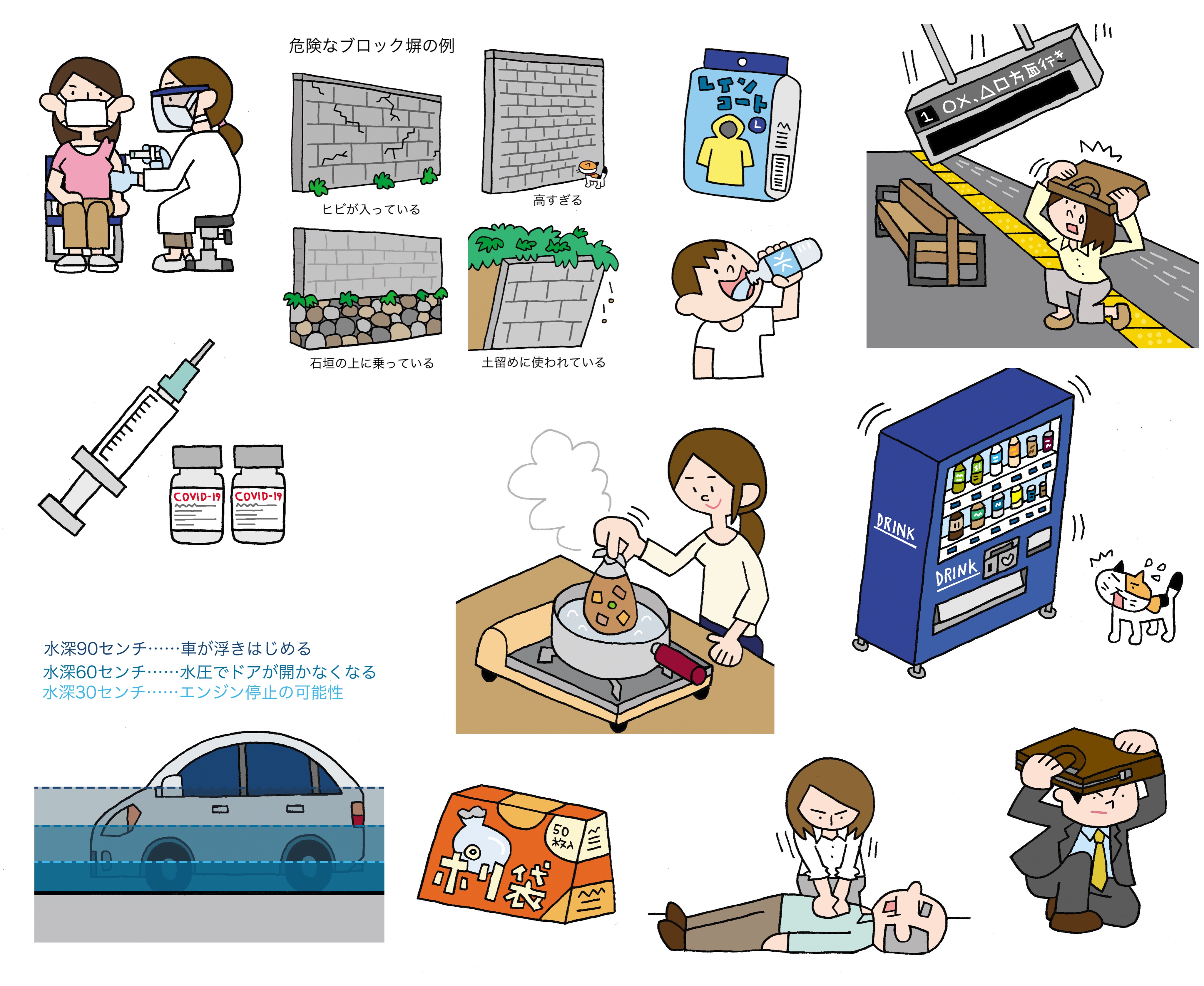 防災無料イラスト 新規イラスト9月分追加しました 地震が起きたときのイラスト ブロック塀の危険 ポリ袋クッキング ワクチン接種などです それぞれカラーとモノクロがあります 防災目的であれば無料でお使いいただけます 商用利用は不可 よろしく