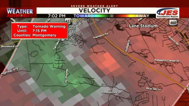 7:04 p.m. - Rotation getting VERY close to Lane Stadium and Tech's campus <a href="/virginia_tech/">Virginia Tech</a>