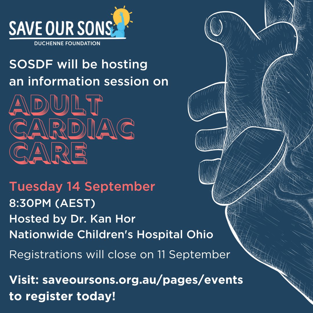 Save Our Sons will be hosting an information session on Adult Cardiac Care on Tuesday 14 September at 8:00PM (AEST) hosted by Dr. Kan Hor.

To register: saveoursons.org.au/pages/webinar-1

#sosduchennefoundation #duchenne #Becker #musculardystrophy #wdad21