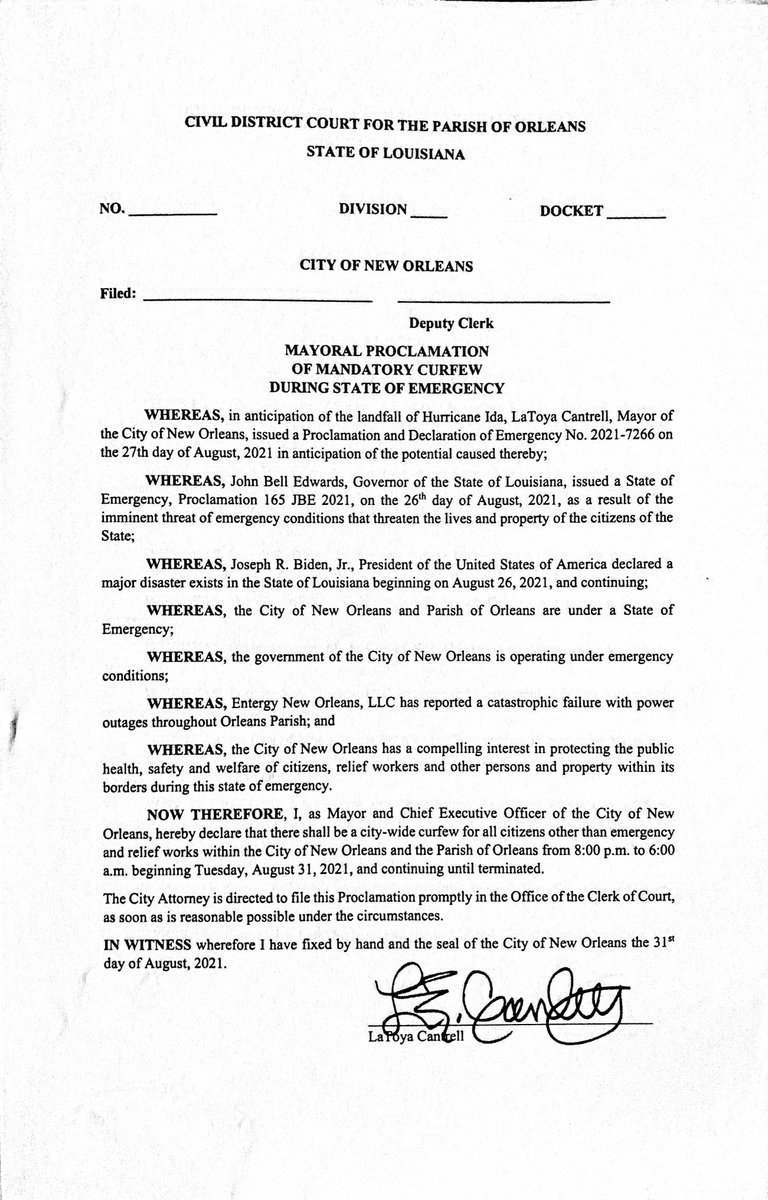I have signed an Executive Order mandating a city wide curfew, effective immediately for all residents from 8pm -6am.