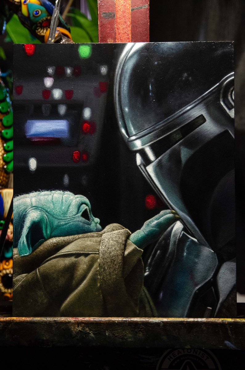DavidKingArt's tweet photo. Newest painting “Mando &amp; the kid”, Oil on wood, 8” x 10” After months of rendering, here it is. I’m really happy with the final details and form. #thisistheway #oilonwood #themandalorian #thechild #fantasyart #scifiart #grogu #thekid #mando #davidkingart #surrealartist https://t.co/1QzfTWLrrz