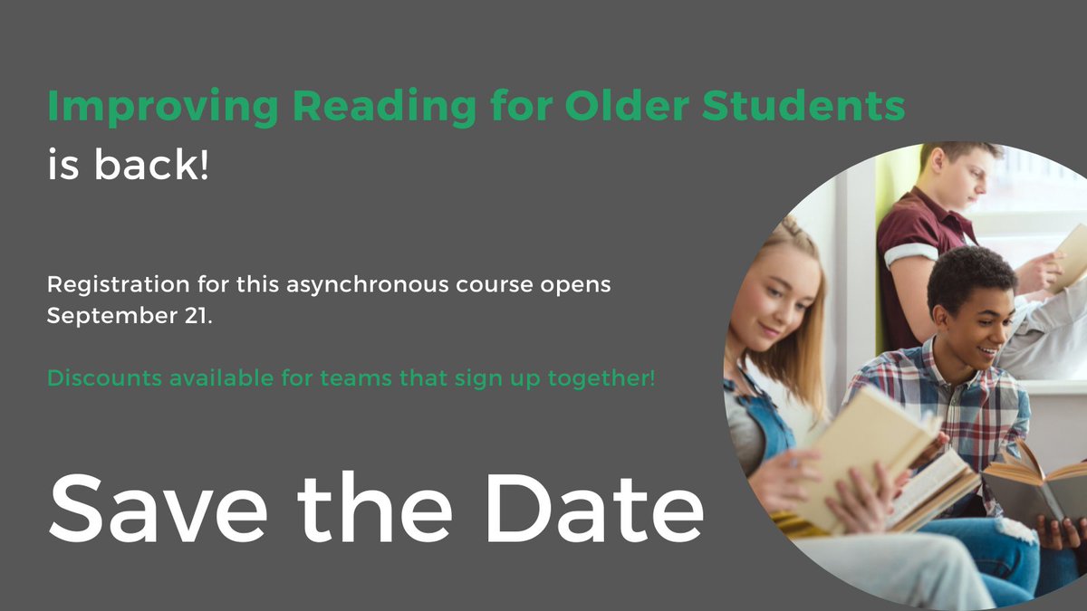 learnwithSAP's tweet image. It&apos;s never too late to help students become lifelong readers. Our popular asynchronous course Improving Reading for Older Students returns this October. Registration opens Sept. 21, with discounts for teams of 4 or more. Start gathering your team today! bit.ly/34ucZ4h