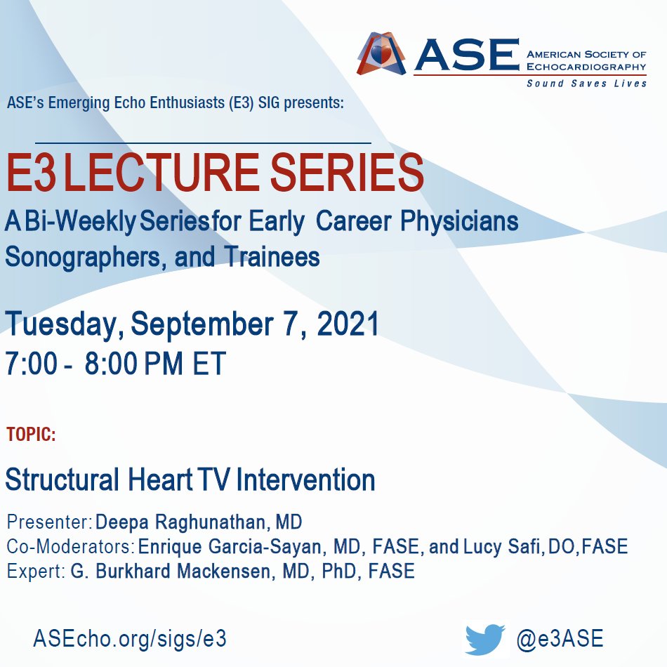 Enrique Garcia-Sayan, MD, FACC, FASE (@egarciasayan) on Twitter photo 📢Looking forward to the <a href="/ASE360/">American Society of Echocardiography</a> <a href="/e3ASE/">e3ASE</a> live webinar on TV interventions next Tue, 9/7 at 7 pm ET / 6 pm CST, presented by <a href="/DrDeepa1020/">Deepa</a>, featuring a discussion with the great <a href="/gb_mackensen/">G. Burkhard Mackensen</a>, and that I will co-moderate with <a href="/LucySafi/">Lucy</a>.
👉Free registration: asecho-org.zoom.us/webinar/regist… 📢Looking forward to the <a href="/ASE360/">American Society of Echocardiography</a> <a href="/e3ASE/">e3ASE</a> live webinar on TV interventions next Tue, 9/7 at 7 pm ET / 6 pm CST, presented by <a href="/DrDeepa1020/">Deepa</a>, featuring a discussion with the great <a href="/gb_mackensen/">G. Burkhard Mackensen</a>, and that I will co-moderate with <a href="/LucySafi/">Lucy</a>.
👉Free registration: asecho-org.zoom.us/webinar/regist…