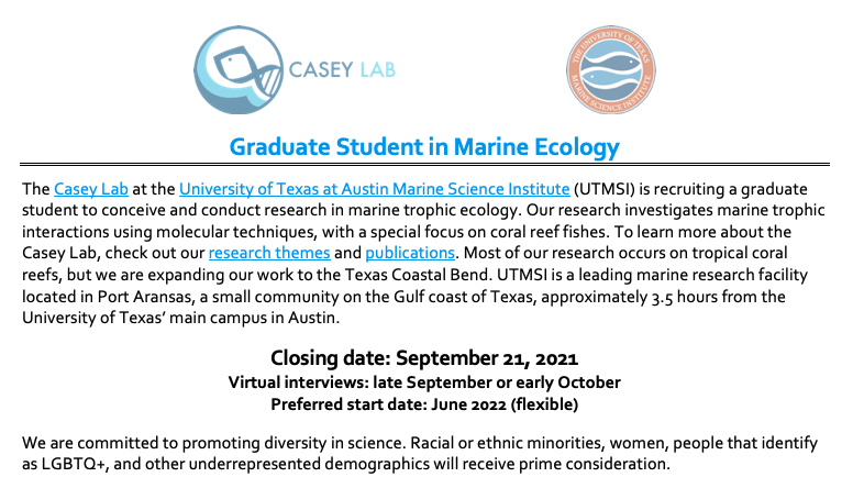 jordanmcasey's tweet photo. A grad student position (Master's or PhD) is available in my marine trophic ecology lab @UTMSI @UTAustin ! 🐠🐟🐡🧬🦠

Full advertisement: https://t.co/NKJIVAJUVU

Apply by September 21st.

Please RT! #newPI #teamfish #coralreefs https://t.co/HuXiGLSg56