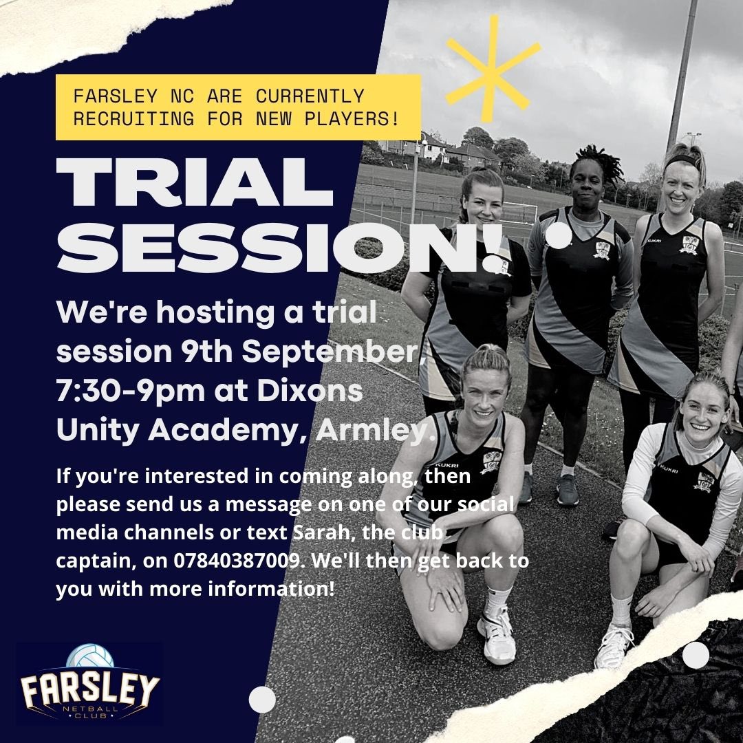 Anyone looking to join a competitive yet friendly netball club based in Leeds? We’re holding a trail session on the 9th September for anyone interested in joining! Just drop us a DM for more info 

#netball #leeds #Yorkshire #farsley