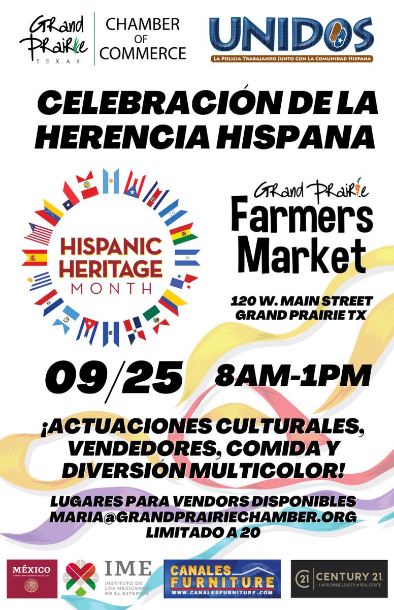 Join us celebrating Hispanic Heritage Month!
Saturday, September 25 starting at 8:00 AM at the Farmers Market in Grand Prairie TX.
Experience a morning full of color, food, vendors, cultural performances, and lots of fun!