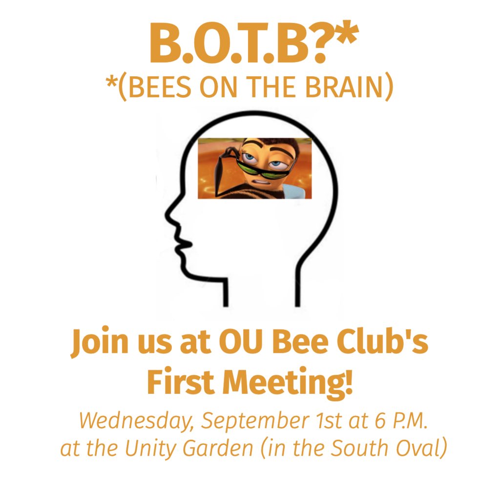 OUBeeClub's tweet image. Come to our first meeting of the semester TOMORROW to learn more about who we are and meet the people who make this club possible! We will meet at the Unity Garden at 6pm. #bees #savethebees 🐝