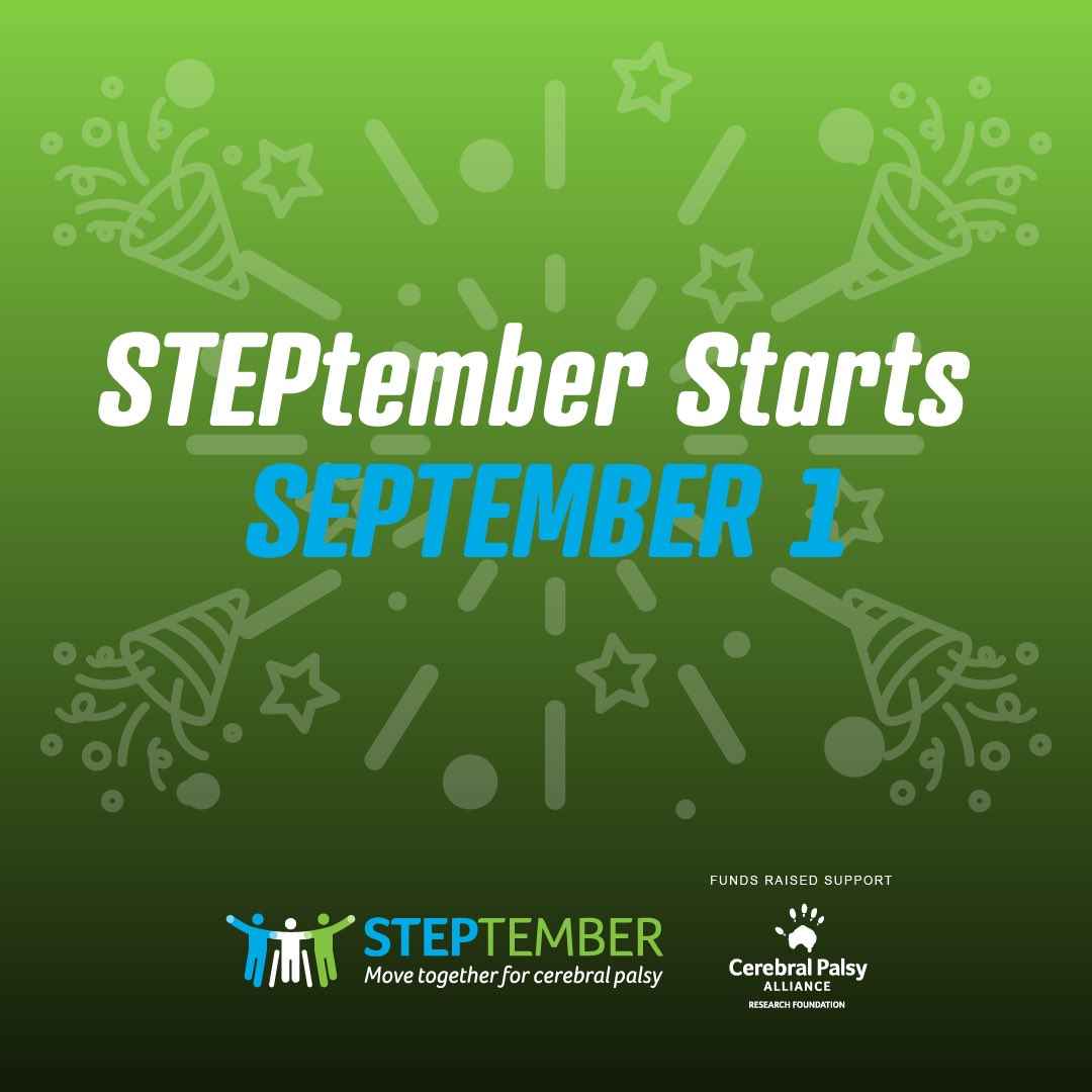 ResearchForCP's tweet photo. Tomorrow! #STEPtemberUS starts September 1st and we hope you’ll join us to raise funds and awareness for #CerebralPalsy #research. Our research priorities aim to transform the way that people with CP live from birth through childhood and adolescence (1/2) [ID in alt text] https://t.co/Py4gsGt3Fb