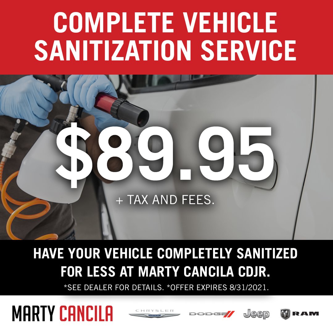 MartyCancilaDCJ's tweet photo. Have peace of mind driving when you sanitize your ride with Marty Cancila CDJR. 🧼

Schedule your next appointment here 👉 https://t.co/T1bADLNLax

#martycanciladcjr #florissantmo #fastlane #dcjrsrvicecenter #sanitizationservice https://t.co/RZ0QAHayPm