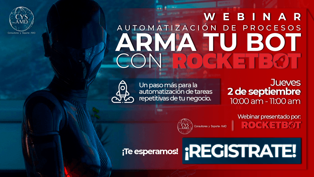 CYS_AMD's tweet photo. ¿Ya estás listo para armar tu propio bot?
No te pierdas este jueves nuestro webinar "Arma tu BOT con ROCKETBOT" en colaboración con nuestros amigos de Rocketbot, y empieza a automatizar tus procesos. Regístrate: https://t.co/c4P7EMFHmU

#webinar #rpa #cysamd https://t.co/n5kcDDnF2v