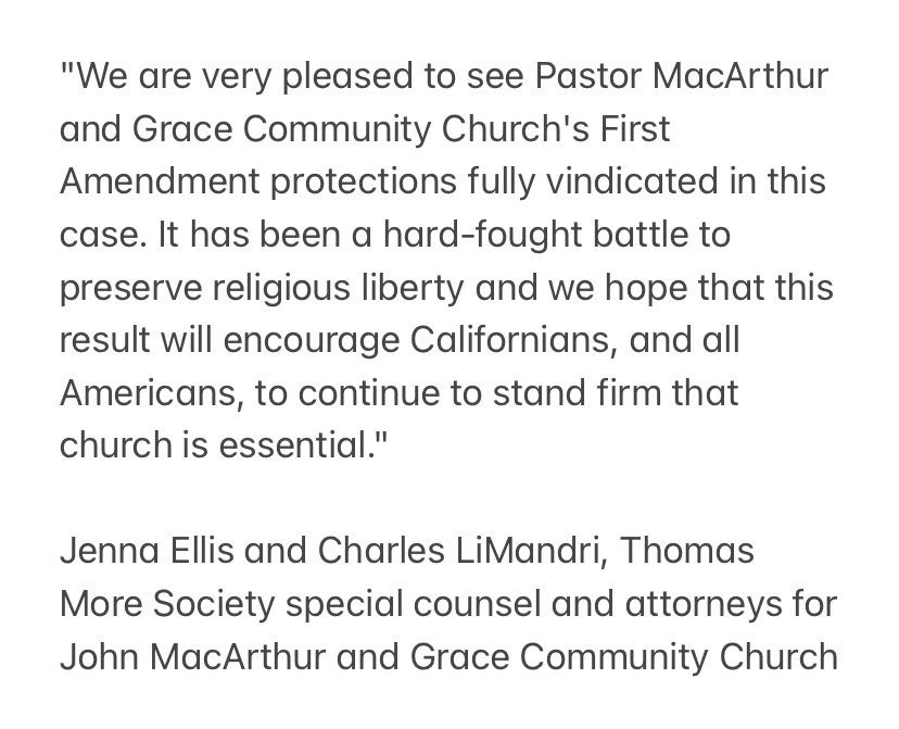 Very pleased with the approval of an $800,000 settlement and total win for my clients, @johnmacarthur and @GraceComChurch, on behalf of @ThomasMoreSoc. The church IS essential. Our statement: