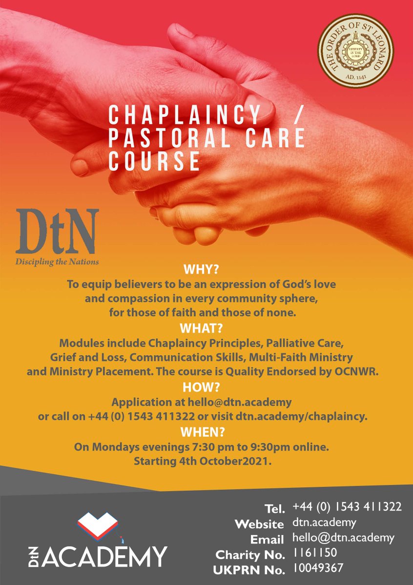 minimoggy's tweet photo. We will be running a chaplaincy course online this autumn. Find out more at our open evenings with Pastor David Carr on Mondays 6th September and 20th September at 7:30 pm. If you would like to attend either evening email us at chaplaincy@dtn.academy and we will send you details. https://t.co/uOTh1Lv4CX