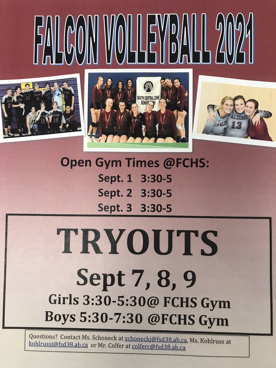Falcons Volleyball open gym and try-out times!  It’s Time!!!!