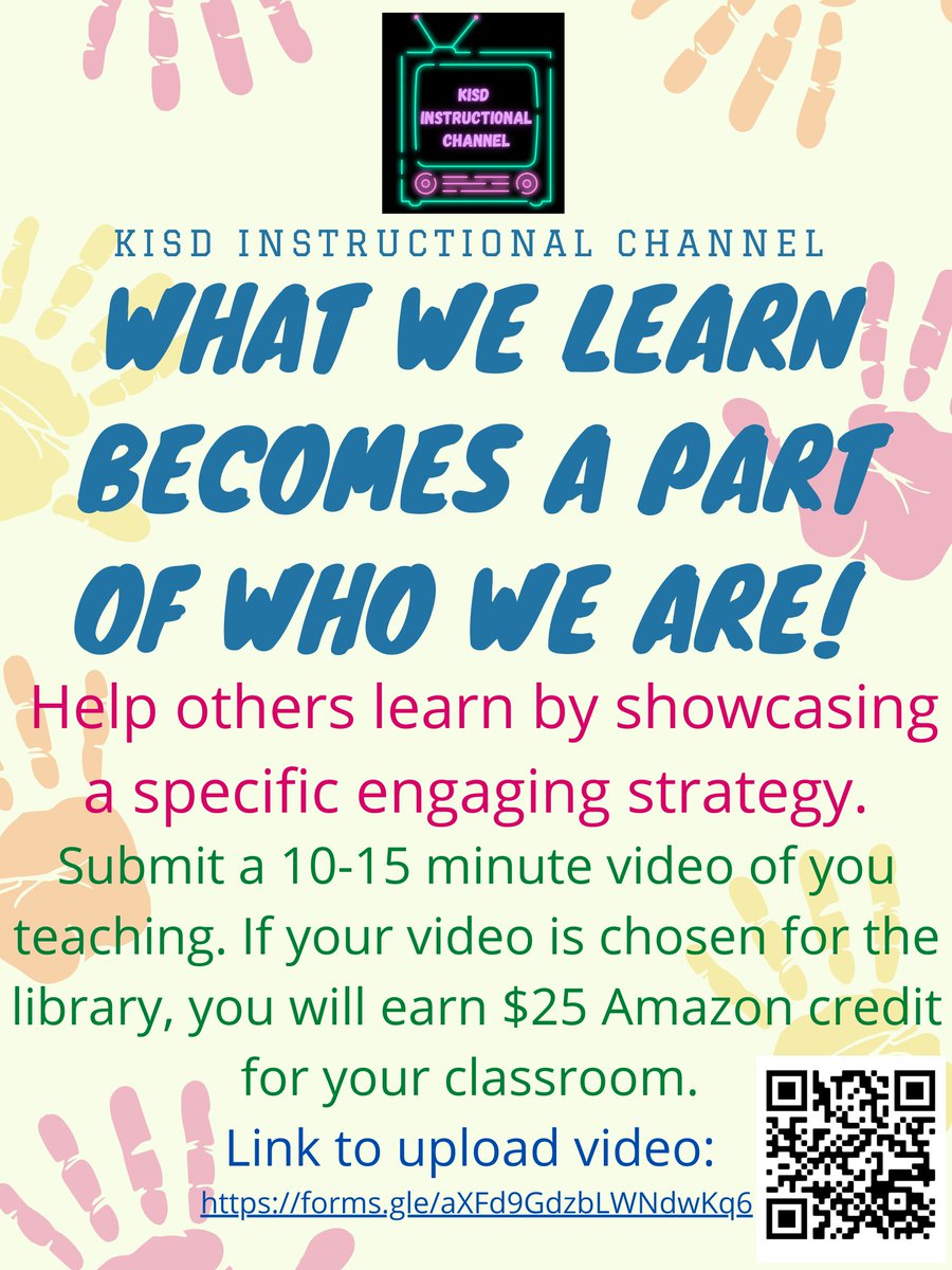 KISD Instructional Channel launches today! Share your great strategies for other teachers to learn from and earn a $25 Amazon GC to use in your classroom. Submit a video here: forms.gle/SpiYtxMjshrDLz… or Nominate a great teacher who needs to be showcased! forms.gle/v1jXcXpHBFiCrf…