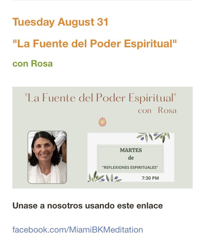 MiamiBK's tweet photo. Today at 7:30pm EDT
Martes de Reflexiones Espirituales
Con Rosa
✅ https://t.co/3YHnyvGrwM or
✅ https://t.co/dWIPWn8iAP
#BKSpanish #BKMeditacion
#BrahmaKumaris https://t.co/yQa97Dd322