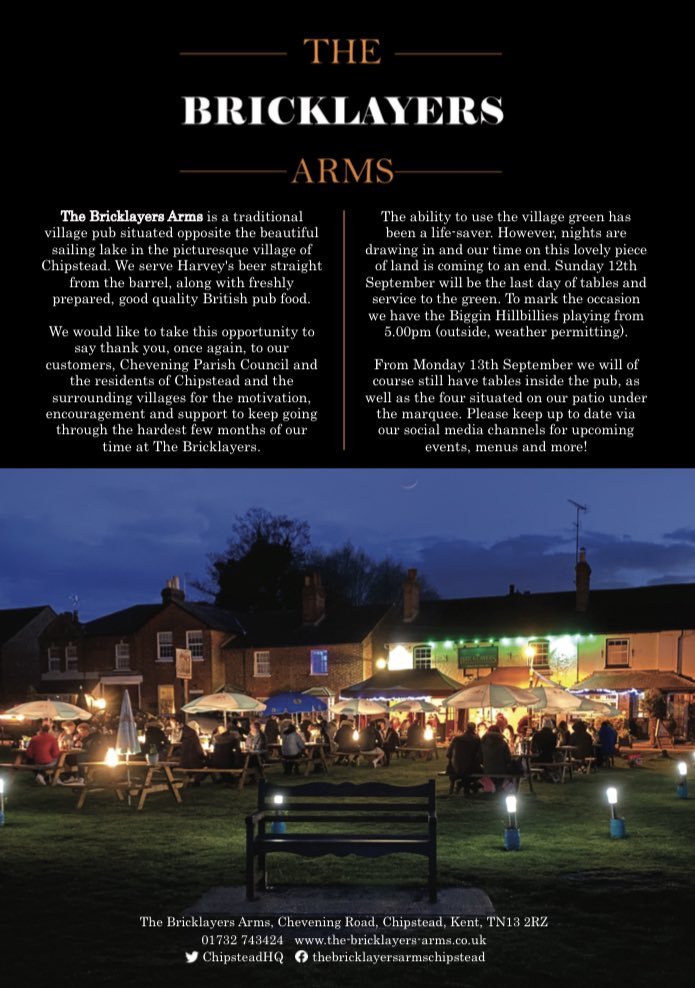 Unfortunately our time on the Village Green is coming to an end! Thank you to everyone for all the support over the past 18 months &amp; we look forward to welcoming you inside the pub or on the covered outside area after the 12th September. Please make the most of our last 2 weeks!