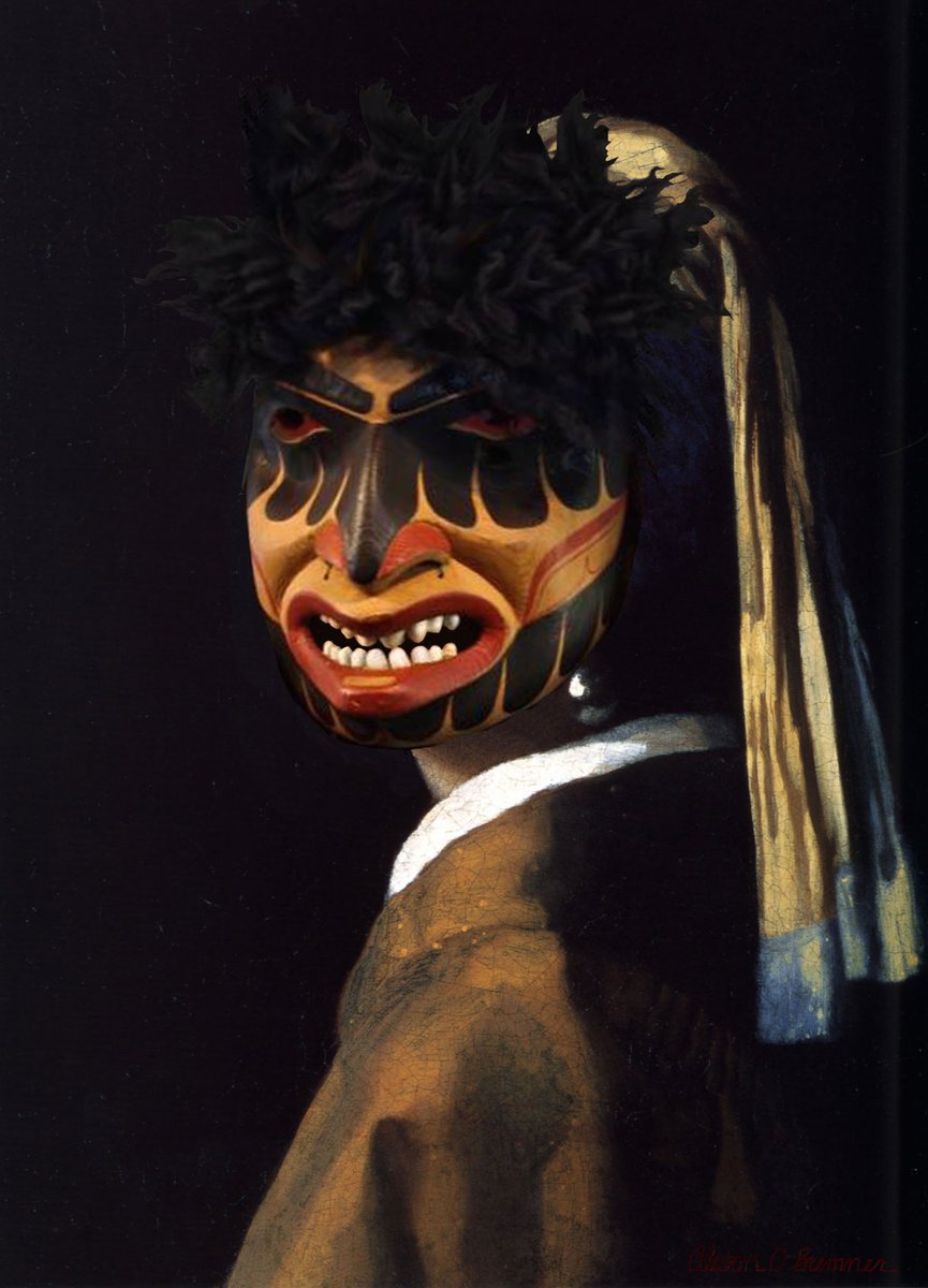 ANC_Historian's tweet photo. 2014 "‘Wat’sa with a Pearl Earring," giclée by Alison Marks Bremner, referencing Vermeer's "Girl with Pearl Earring." Per Bremner, piece "examines the exclusion of Northwest Coast art from the canon of 'great art' in mainstream art history." https://t.co/F4vebXwkeW #alaskahistory https://t.co/9U0RZs1CRM