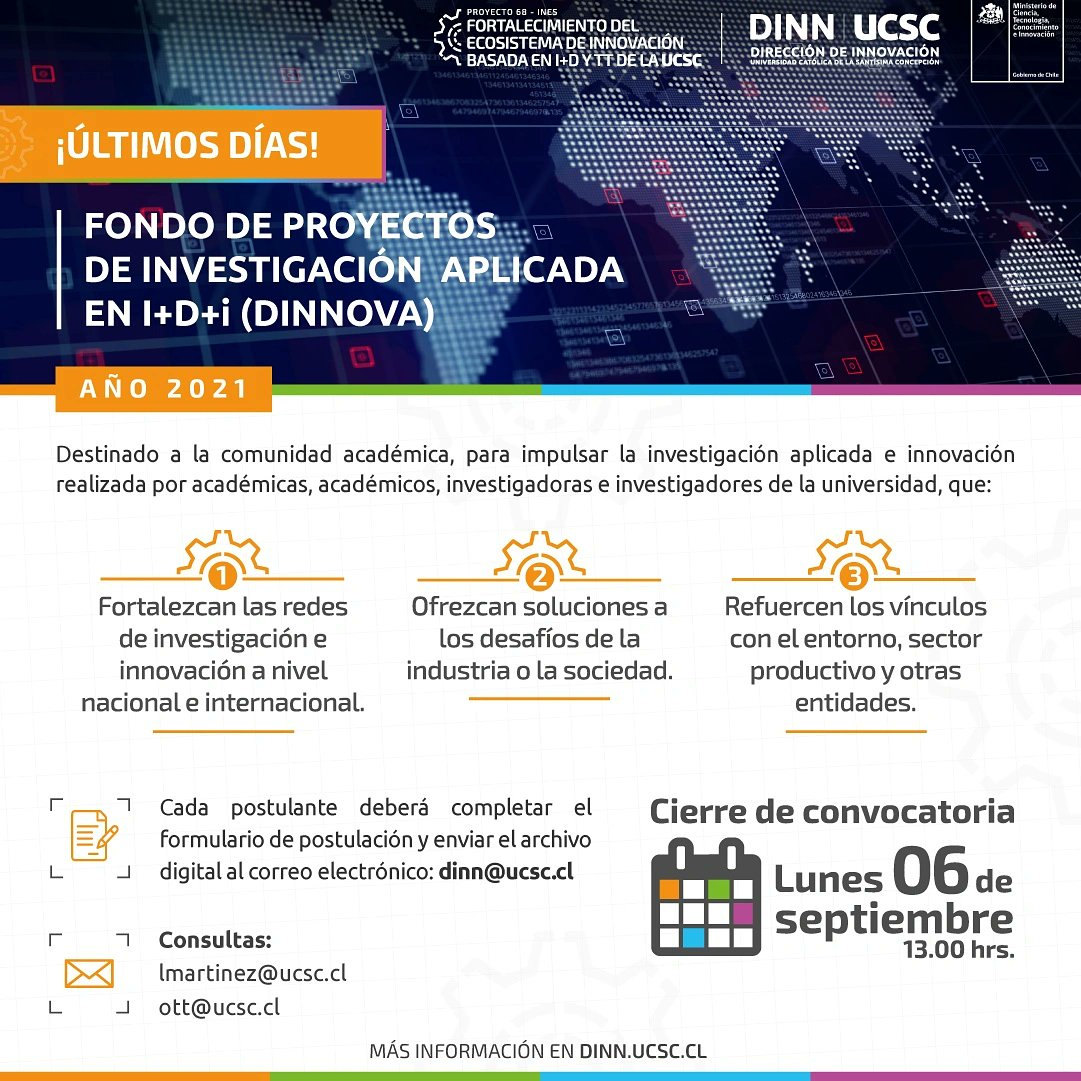 dinn_ucsc's tweet photo. ¡Atención comunidad académica @ucscconcepcion!
Últimos días para postular al Fondo de Proyectos de Investigación Aplicada en I+D+i (DINNOVA).
+ Info en https://t.co/sBK2f2tFzU
#InnovaInES #InnovaUCSC https://t.co/NOG4oWPCus