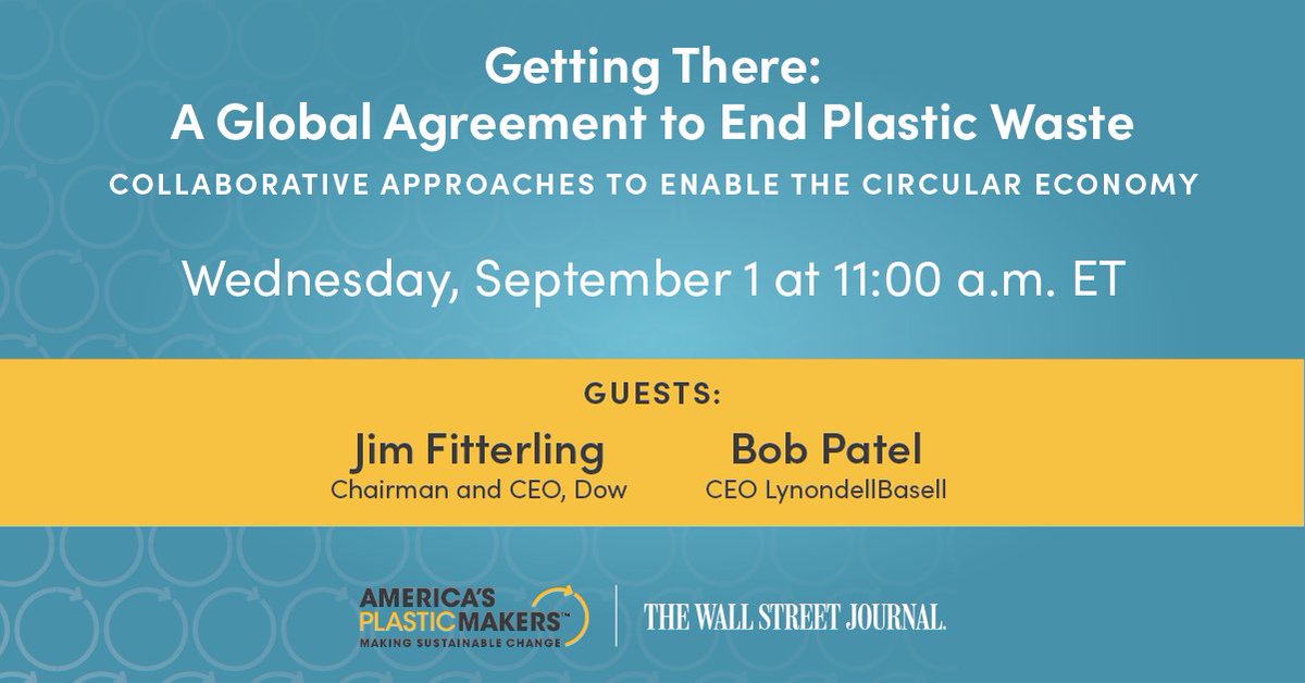 How can we keep plastic from going to waste? Join <a href="/LyondellBasell/">LyondellBasell</a>’s Bob Patel and <a href="/DowNewsroom/">Dow</a>’s <a href="/JimFitterling/">Jim Fitterling</a> as they examine about efforts to #EndPlasticWaste and boost the #CircularEconomy. ➡️Register <a href="/WSJ/">The Wall Street Journal</a>: bit.ly/3ywPmFj