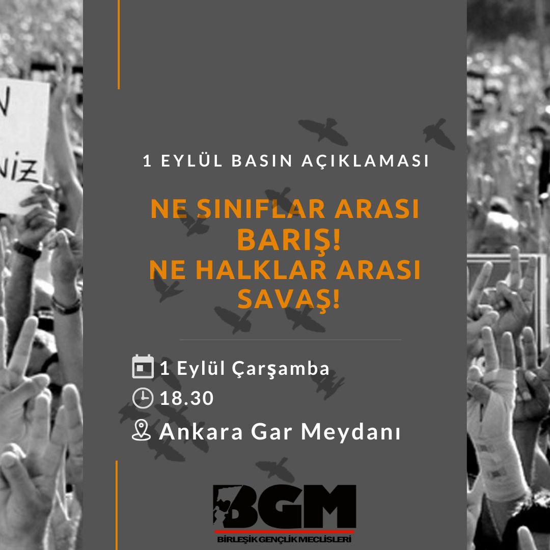 "NE SINIFLAR ARASI BARIŞ, NE HALKLAR ARASI SAVAŞ!"

1 Eylül Barış Günü saat 17.00'da planladığımız miting Ankara Valiliği tarafından 15.00'a çekilerek fiili olarak engellenmek istiyor. Buna karşı 1 Eylül'de Barış Anıtı önünde basın açıklaması yapmak için 18.30'da buluşuyoruz.