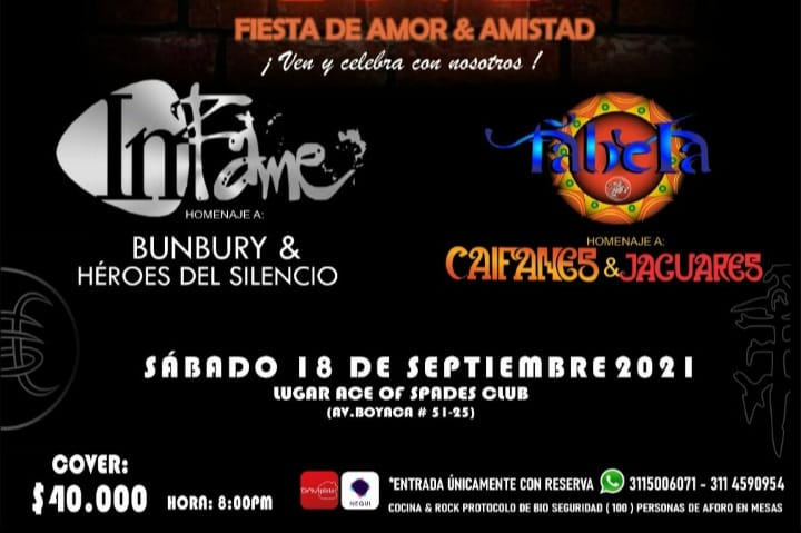 ColoniaRec's tweet photo. @FabelaColombia y  @rockinfame se unen para celebrar la fiesta del día de amor y amistad junto a los clásicos de las agrupaciones Caifanes y Héroes del Silencio... 
Fecha: Sábado 18 de septiembre
Lugar: Ace of Spades
Entradas: Únicamente con reserva / Aforo limitado https://t.co/dW18ef48cG